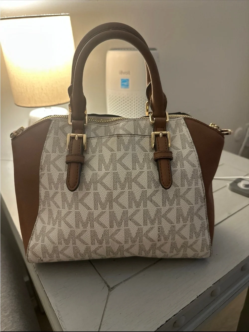 Michael Kors Cream Logo and Brown Leather Satchel